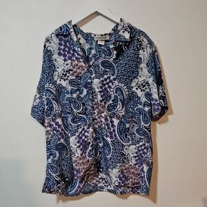 DONNKENNY Women's Blue Paisley Button Down Shirt 2X